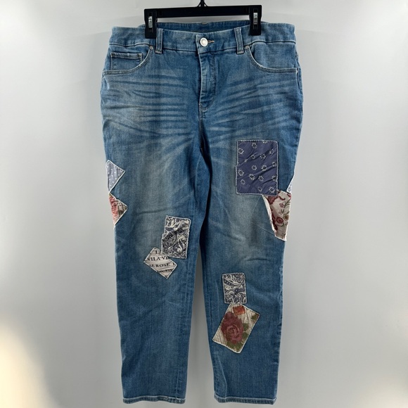 Chico’s Medium Wash Patchwork Jeans Size L - Picture 2 of 12